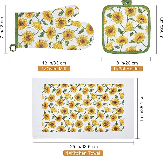 Oven Mitts and Potholders Dish Towles Set 100% Cotton for Perfect for Gifting, Baking, and Everyday Cooking Durable Heat Resistant for Kitchen and Machine Washable (3-Piece Sunflower) - Image 6
