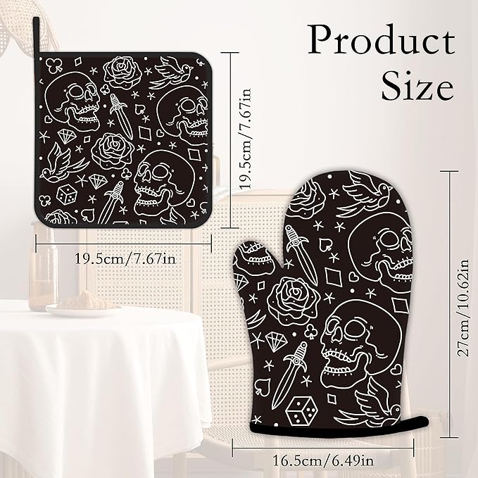 Skull Head with Rose Oven Mitts and Pot Holders Kitchen Cooking Gloves 2 Pcs Set Heat Resistant Pad for Baking BBQ Home Decor