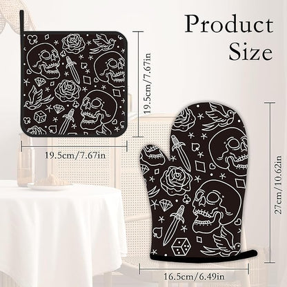 Skull Head with Rose Oven Mitts and Pot Holders Kitchen Cooking Gloves 2 Pcs Set Heat Resistant Pad for Baking BBQ Home Decor