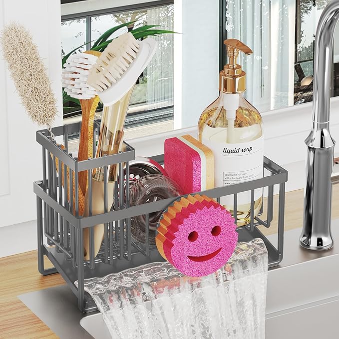 Sponge Holder for Kitchen Sink,Smiley Face Sink Caddy with Removable Brush Holder,Self-Draining Sponge Caddy for Soap,Dish Brush,Scrubber,Kitchen Essentials and Gadgets-Charcoal Gray by Unknown