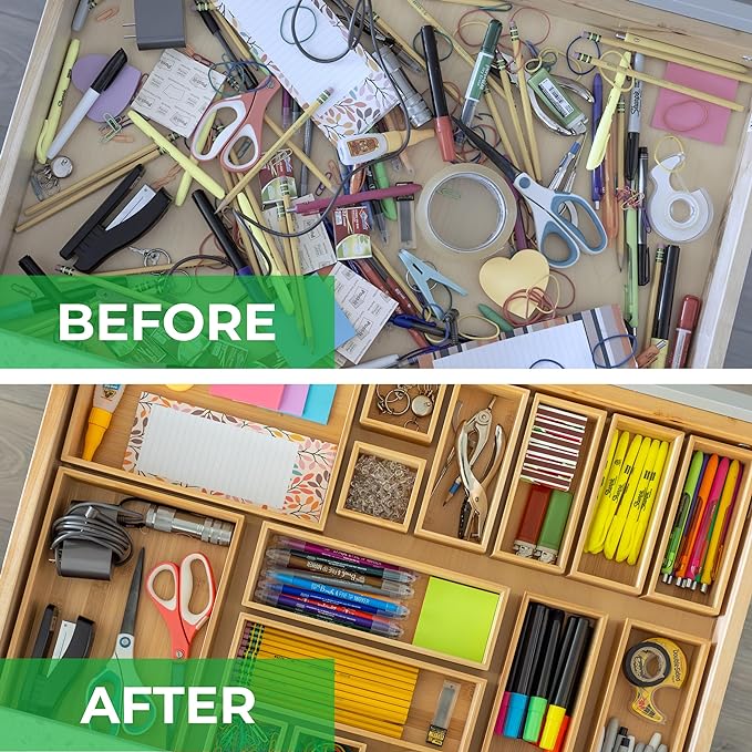 Grow Forward Bamboo Drawer Organizer Boxes - Set of 21 Wooden Drawer Organizers for Kitchen, Bathroom, Office, Desk, Vanity, Makeup - Non-Slip Junk Drawer Organizer Trays for Storage and Organization - Image 4