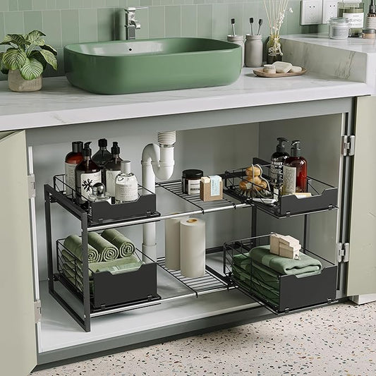 NETEL Adjustable Under Sink Organizers and Storage,Expandable Cabinet Storage Shelf with 4 Pull Out Baskets