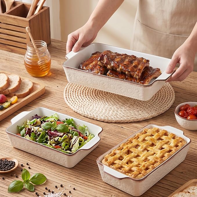 ONEMORE Casserole Dishes for Oven, Ceramic Baking Dish Set of 4, Non-Stick Lasagna Pans with Handles, Rectangular Bakeware Set for Cake, Roasting, Broiling, Gratin, Banquet, Microwave & Dishwasher Safe(3.8/2.6/1.7/1.1 Qt) (White 01) - Image 4