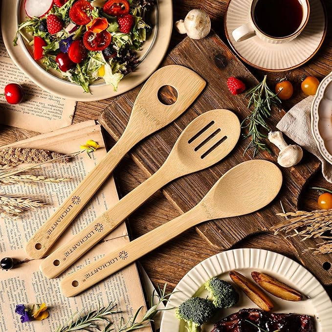 Wooden Spoons for Cooking Bamboo Utensils Set (6 Pieces) - Essential Tools Wooden Spoons & Spatula for Everyday Stirring, Mixing, Flipping & Serving, Gentle on Nonstick Cookware - Image 4