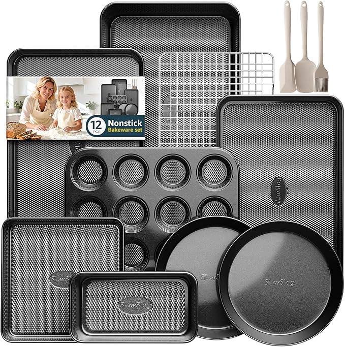 12-Piece Nonstick Bakeware Set, Stackable Non Toxic Baking Pans Set with Rack & Kitchen Utensils, Cookie Sheets Set, Cake Pan, Muffin Pan, Loaf Pan, Roasting Pan, Black by SlowSLog