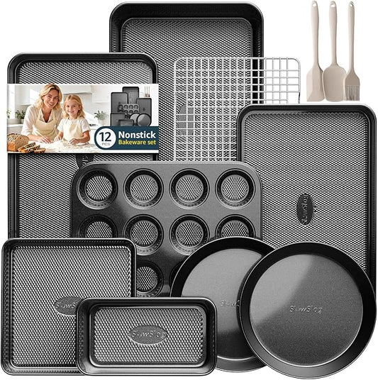 12-Piece Nonstick Bakeware Set, Stackable Non Toxic Baking Pans Set with Rack & Kitchen Utensils, Cookie Sheets Set, Cake Pan, Muffin Pan, Loaf Pan, Roasting Pan, Black by SlowSLog