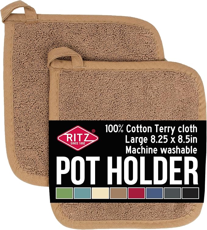 RITZ Terry Potholder & Hot Pad: Unparalleled Heat Resistant, Durable 100% Cotton – Ergonomically Designed for Optimal Grip – Easy-Care Machine Washable – 2-Pack, Mocha by Ritz+Foodservice
