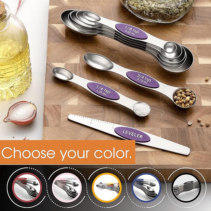 Spring Chef Purple Stainless Steel Magnetic Measuring Spoons Set of 8 with Leveler, Dual Sided Metal Teaspoon & Tablespoon Measuring Spoons, Kitchen Gadgets for Baking & Cooking, Fits in Spice Jars - Image 6