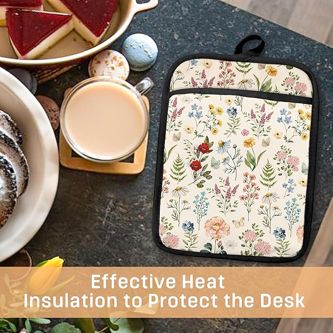 Beige Floral Botanical Pot Holders with Pockets, Rustic Cottagecore Flower Oven Pot Holders Heat Resistant Oven Mitts Hot Pads for Kitchen Baking Cooking