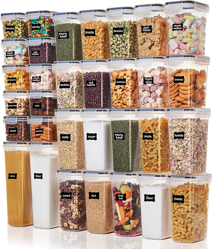 Vtopmart 32pcs Airtight Food Storage Containers Set, BPA Free Plastic Kitchen and Pantry Organization Canisters with Lids for Cereal, Dry Food, Flour and Sugar, Includes 32 Labels by Vtopmart