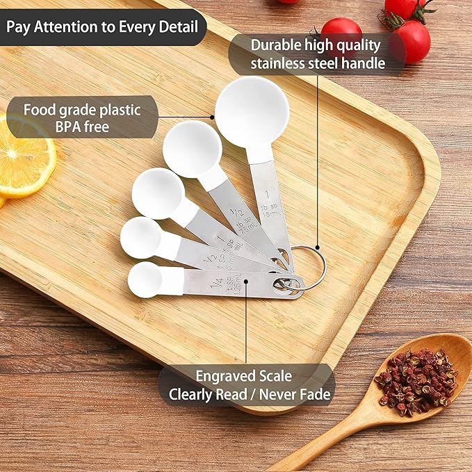 Measuring Cups and Spoons Set of Huygens Kitchen Gadgets 10 Pieces, Stackable Stainless Steel Handle Measuring Cups for Measuring Dry and Liquid Ingredient (White) - Image 3