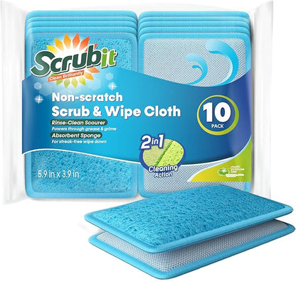 Scrub and Wipe Cleaning Sponges [10 Pack] – SCRUBIT Dual Sided Scouring Pad and Sponge - Reusable Kitchen Scrubbing Sponges for Dishes, Pots, Pans Utensils & Non-Stick Cookware (Blue) by SCRUBIT