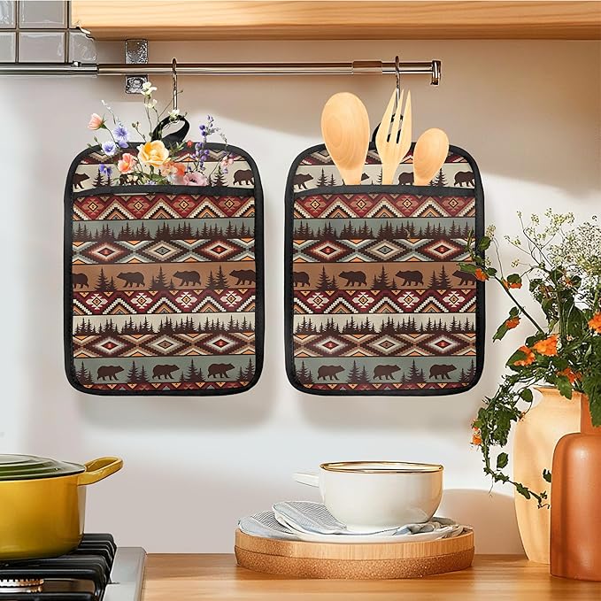 Western Aztec Bear Oven Mitts Set, Camping Camper RV Gifts, Aztec Native Tribal Heat Resistant Kitchen Oven Gloves for Baking and Cooking,Pot Holders - Image 3