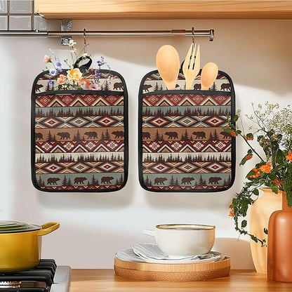 Western Aztec Bear Oven Mitts Set, Camping Camper RV Gifts, Aztec Native Tribal Heat Resistant Kitchen Oven Gloves for Baking and Cooking,Pot Holders - Image 3