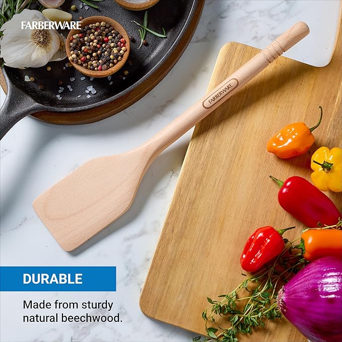 Farberware Beechwood Turner Spatula - Durable Wood Kitchen Utensil with Thin Tapered Edge, Safe for Nonstick Cookware, Perfect for Flipping Pancakes, Eggs, and More