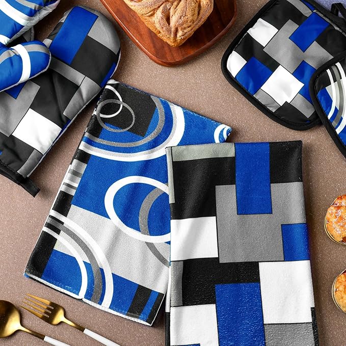 Jingmore 6 Pcs Kitchen Decor Set Accessorie Farmhouse Kitchen Towels Pot Holders Oven Mitts Set 2 Dish Towels 2 Pot Holders 2 Cooking Mittens Oven Glove for Cooking(Blue and Black,Geometric) - Image 7