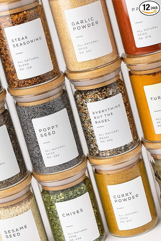 Bloomondo Empty Spice Jars with Label Pack (12x Bamboo Lid Glass Jar). Small 6oz Spice Storage Bottles with 112 Printed Stickers and 48 Writable Pantry Labels for Seasoning Containers by Bloomondo