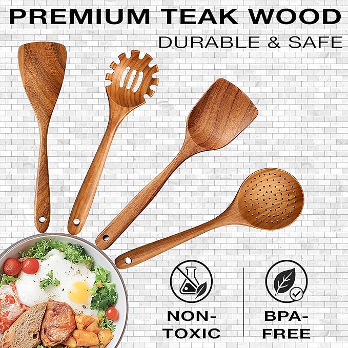 Extra-Large 4-Piece Teak Wooden Utensil Set – Non-Stick Wooden Spatula for Cooking, Skimmer Spoon & Spaghetti Spoon – Non Toxic Cooking Utensils - Image 2