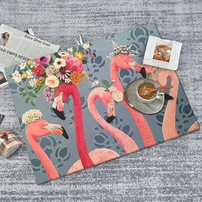 Flamingo Flowers Dish Drying Mat 18x24 Inch, Microfiber Absorbent Fast Dry Mat Large Dish Mat Drying Kitchen Mat, Kitchen Drying Pad for Kitchen Counter Coffee Bar Decor Gifts