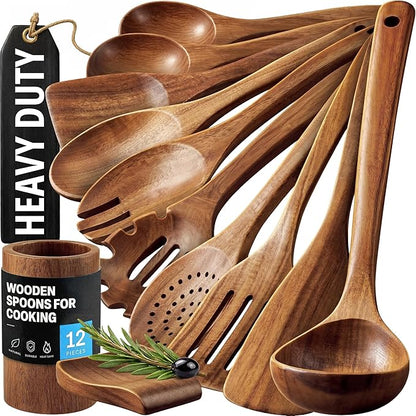 Zulay Kitchen 12-Piece Teak Wooden Utensils for Cooking - Natural Teak Utensil Set with Premium Gift Box - Non-Stick Wooden Spoons for Cooking - Kitchen Gift Set - Comfortable Grip Wooden Utensil Set by ZulayKitchen