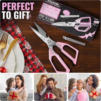 5-in-1 Multifunctional Heavy-Duty Korean Kitchen Scissors with Tweezer, Pink All Purpose Kitchen Shears with Stainless Steel Blades, Dishwasher Safe Bone Cutting scissors for Meat, Vegetables