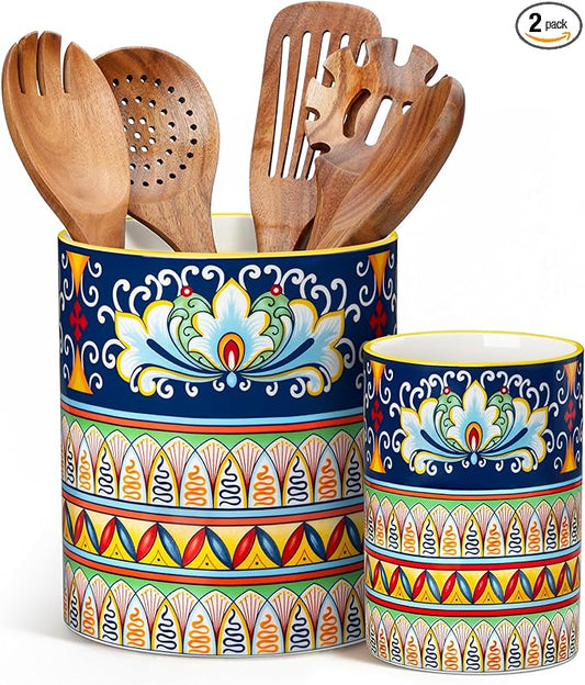 vancasso SIMI Utensil Holder, 7.3"+5.5" Porcelain Kitchen Utensil Holder for Countertop, Bohemian Kitchen Utensil Organizer for Spatulas, Spoons, Decorative Counter Utensil Crock, Celestial Harmony