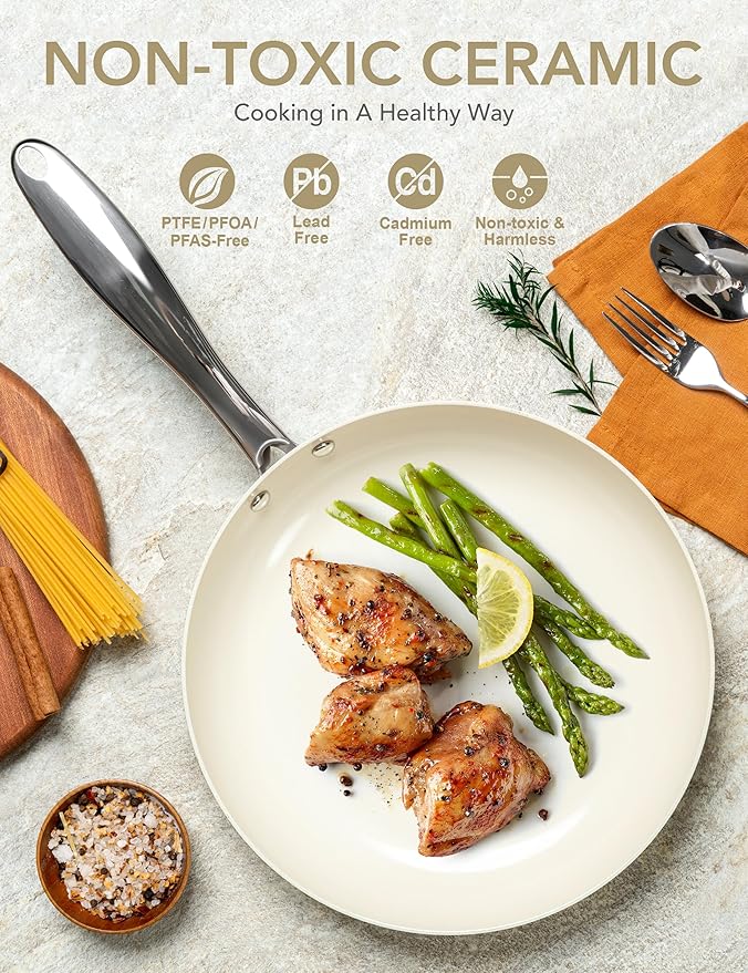 MICHELANGELO 12 Inch Frying Pan with Lid, Large Nonstick Skillet with Ergonomic Handle, Non-Toxic Ceramic Fry Pan, Oven-Safe, White - Image 2