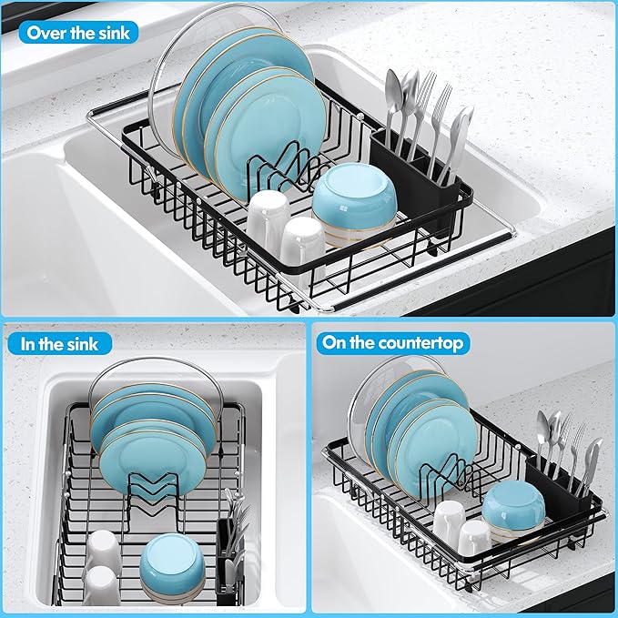 Expandable Stainless Steel Dish Drying Rack Over The Sink For Small Kitchen, Counter Space Saving Compact Black Metal Plate Drain Strainer, Adjustable Hanging In Sink Rust Proof Wire Dryer Holder - Image 4
