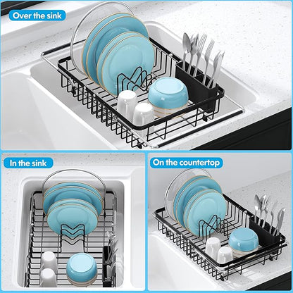 Expandable Stainless Steel Dish Drying Rack Over The Sink For Small Kitchen, Counter Space Saving Compact Black Metal Plate Drain Strainer, Adjustable Hanging In Sink Rust Proof Wire Dryer Holder - Image 4