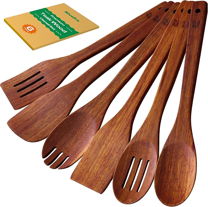 Riveira Teak Wooden Spoons for Cooking Set of 6 – Natural Teak Wooden Cooking Utensils, Wooden Spatula, Wooden Spoon - Premium Quality Utensil Set for Non-Toxic Cooking by Riveira