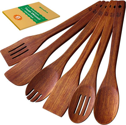 Riveira Teak Wooden Spoons for Cooking Set of 6 – Natural Teak Wooden Cooking Utensils, Wooden Spatula, Wooden Spoon - Premium Quality Utensil Set for Non-Toxic Cooking by Riveira