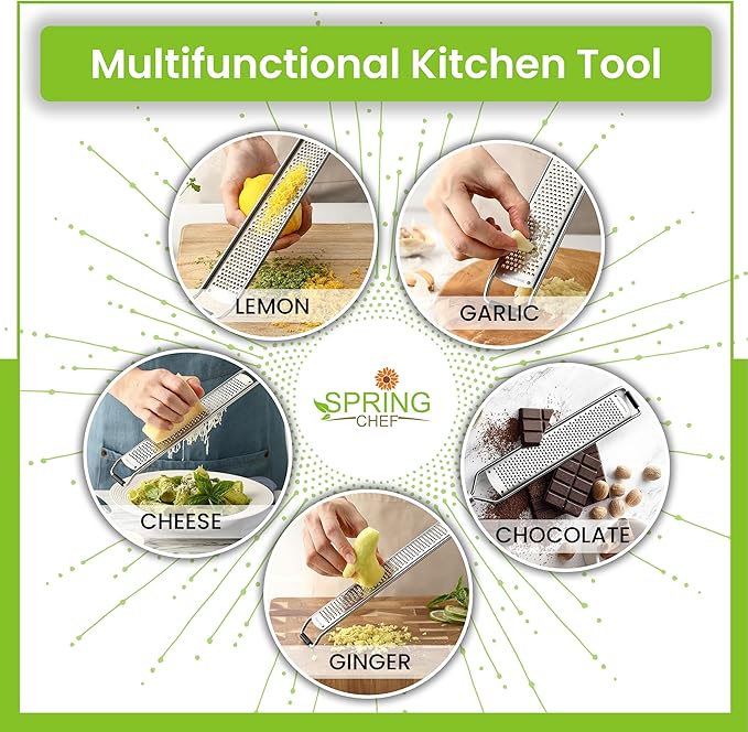 Spring Chef Stainless Steel Lemon Zester Grater with Handle - Garlic, Cheese, Parmesan, Nutmeg, Lime, Ginger Grater - Heavy Duty Kitchen Tool - Citrus Zester with Blade Cover - Fine Shred - Green