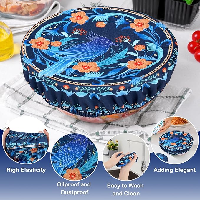 5 Pieces Bowl Covers Reusable, 5 Size Elastic Cloth Bowl Covers for Bread Proofing Food Covers Washable for Food Fruits Leftover (Blue Bird) - Image 7