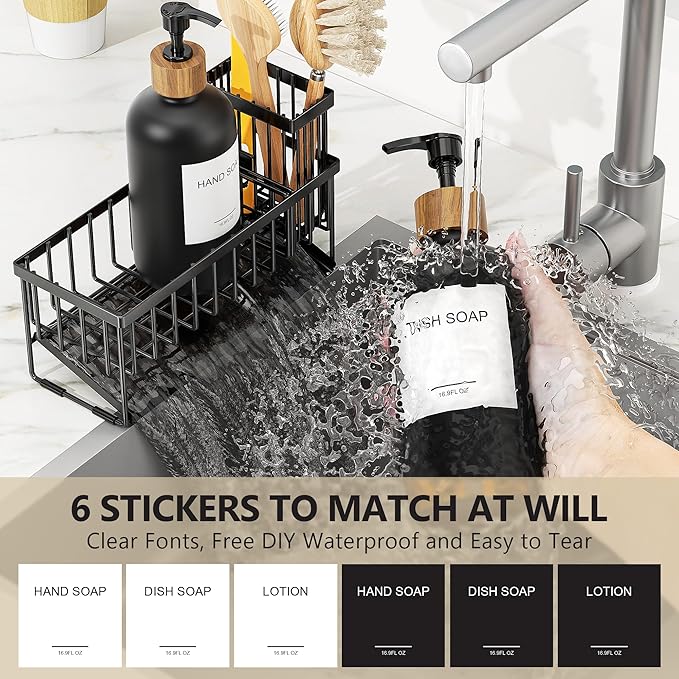 Cisily Kitchen Dish Soap Dispenser Set with 2 Pack 16.9oz Black Glass Bottle and Sponge Holder, Dish Soap Dispensers with Adjustable Sponge Holder, Vintage Hand and Dish Soap Dispensers Set - Image 4