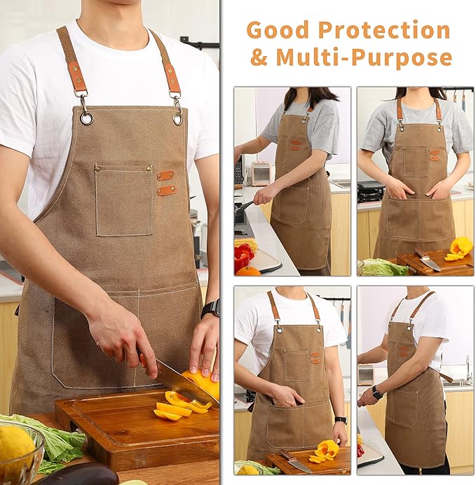 Tosewever Canvas Cross Back Chef Cotton Aprons for Men Women with Large Pockets - Image 4