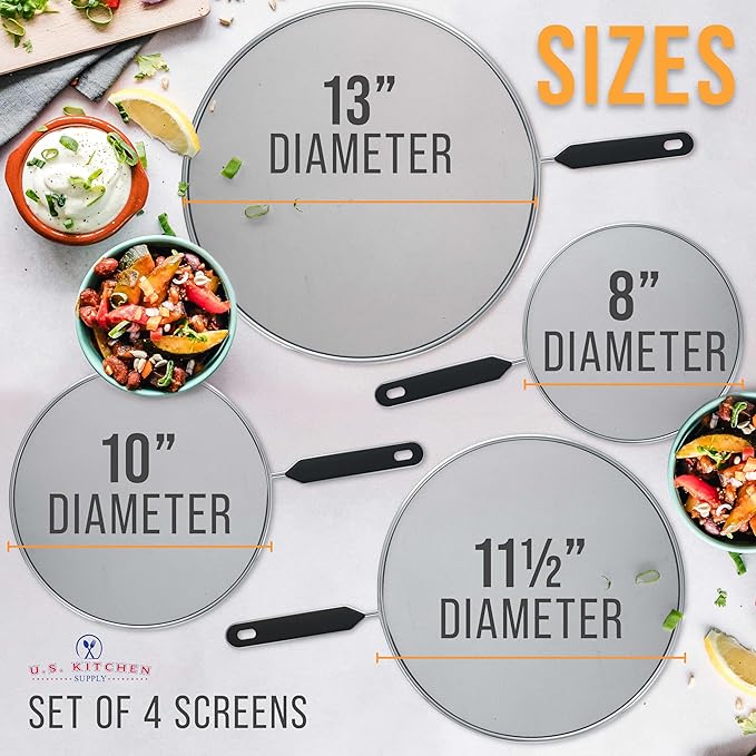 U.S. Kitchen Supply 4-Piece Stainless Steel Splatter Guard Set (13", 11.5", 10",8”) Fine Mesh Cover, Grease & Oil, Splatter Screen for Frying Pan, Cooking Pots, with Comfort Grip Handles - Image 3