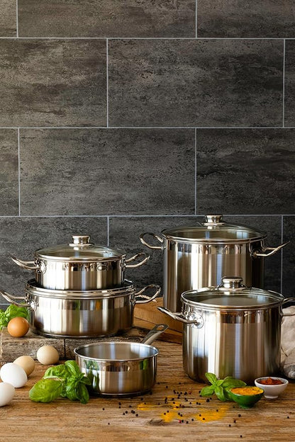 BRA COOKWARE Profesional 18/10 Stainless Steel Stock Pot w/Glass Lid | 9.5 Inch 4 Quart Professional Cooking Pot | 5.5mm Thick Base | PFOA Free Deep Pot | All Cooktops | All Cooktops & Oven Safe