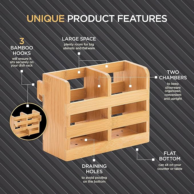 Bamboo Utensil Holder for Dish Rack - Flatware, Cutlery & Utensil Drying Caddy with Hooks - Fits BAMBUSI Bamboo Dish Drying Racks - Image 2