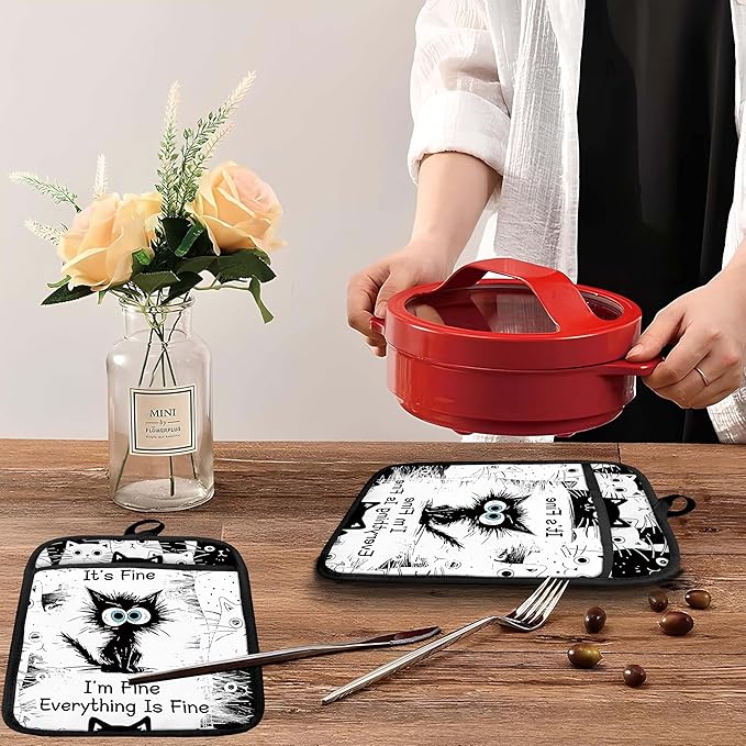Funny Black Cat Pot Holders with Pockets Set of 2, It's Fine Sarcastic Cat Oven Pot Holders Heat Resistant Oven Mitts Hot Pads for Kitchen Baking Cooking