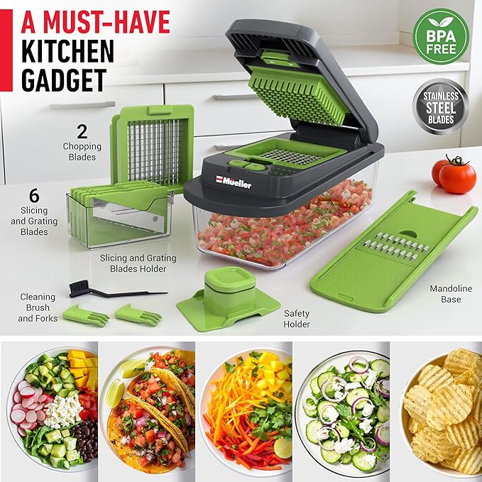 Mueller Pro-Series 10-in-1, 8 Blade Vegetable Chopper, Onion Mincer, Cutter, Dicer, Egg Slicer with Container, French Fry Cutter Potato Slicer, Home Essentials, Salad Chopper,Gray/Green - Image 7