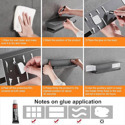 DUFU Paper Towel Holder with Shelf for Kitchen, Paper Towel Holder Wall Mount for Bathroom, Self-Adhesive Anti-Rust Aluminum, No Drill or Wall-Mounted with Screws (Grey)
