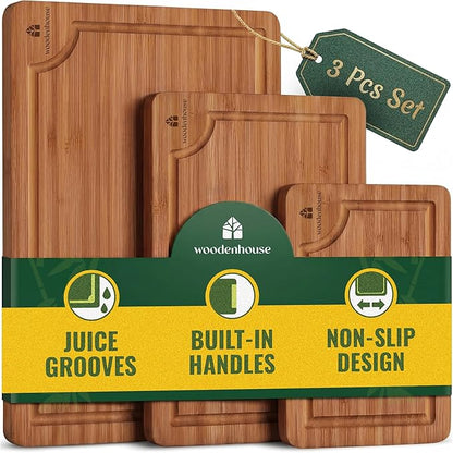 Set of 3 Bamboo Cutting Boards for Kitchen - Thick & Durable Wood Cutting Boards Set with Deep Juice Grooves & Build-in Handles, Large Surface, Easy to Clean – for Meat, Vegetables and Fruits