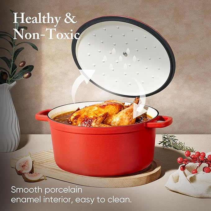 CAROTE Enameled Cast Iron Dutch Oven Pot with Lid, 4 QT Dutch Ovens, Heavy-Duty Cast Iron Pot for Sourdough Bread Baking, Braising, Stews, Roasting, Healthy & Non-Toxic, Dual Handles, All Stovetop Compatible, Oven Safe up to 500° F, Red - Image 4