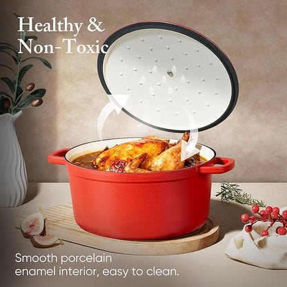 CAROTE Enameled Cast Iron Dutch Oven Pot with Lid, 4 QT Dutch Ovens, Heavy-Duty Cast Iron Pot for Sourdough Bread Baking, Braising, Stews, Roasting, Healthy & Non-Toxic, Dual Handles, All Stovetop Compatible, Oven Safe up to 500° F, Red - Image 4