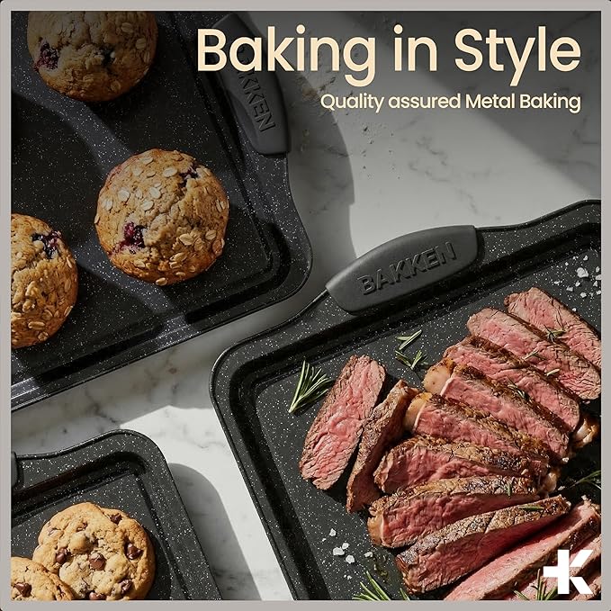 BAKKEN Cookie Sheets for Baking Nonstick Set - 3-Piece Stackable Carbon Steel Baking Sheet Pans Set with Silicone Handles, Non Toxic Cookie Sheets for Baking Bakeware Set - Gray Marble - Image 8