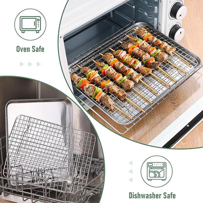Homikit Baking Sheet with Wire Rack Set (1 Pan+1 Rack), 12" x 10" Stainless Steel Quarter Sheet Pan with Grid Cooling Rack for Toaster Oven Roasting, Metal Bacon Cookie Trays Nonstick Jelly Roll Pan