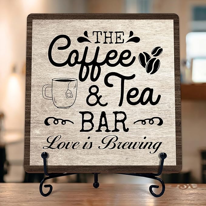 Coffee Bar Sign, Love is Brewing Farmhouse Tabletop Decor, Coffee and Tea Lover Gifts, 5x5 Wood Plaque with Iron Stand for Home Kitchen Cafe, Coffee Bar Decor – L10 by TIRYWT