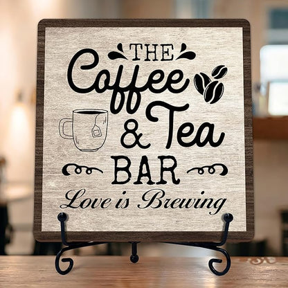 Coffee Bar Sign, Love is Brewing Farmhouse Tabletop Decor, Coffee and Tea Lover Gifts, 5x5 Wood Plaque with Iron Stand for Home Kitchen Cafe, Coffee Bar Decor – L10 by TIRYWT