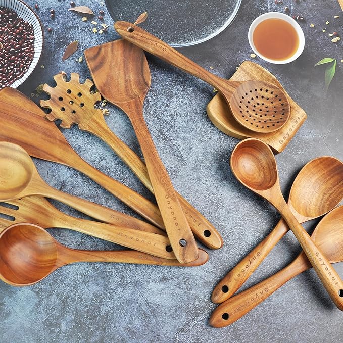 Wooden Spoons for Cooking,Wooden Utensils for Cooking 11 Pcs Wooden Kitchen Utensils Set Wooden Spatulas for Cooking Wooden Cooking Utensils with Holder, 14.37*4.13*3.54, Brown - Image 4