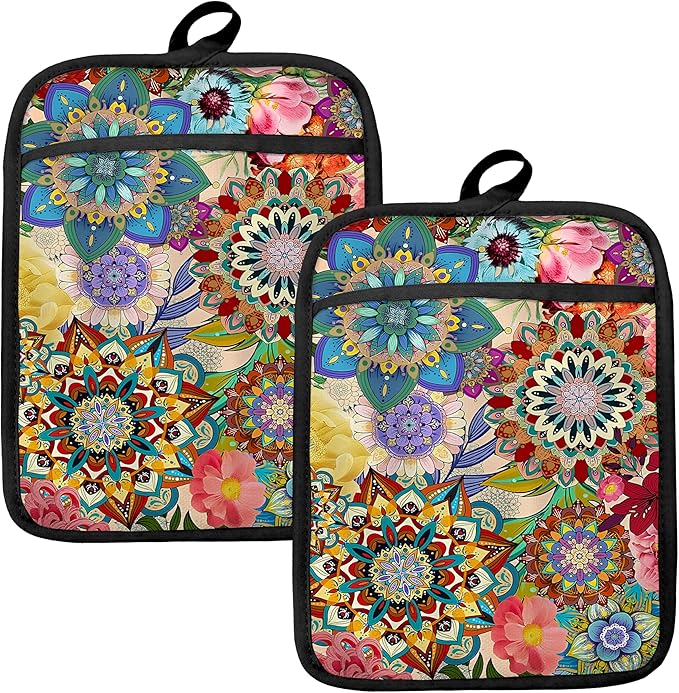 Boho Floral Oven Mitts Set, Vintage Luxury Colorful Flower Floral Heat Resistant Kitchen Oven Gloves for Baking and Cooking,Pot Holders by HUGANE